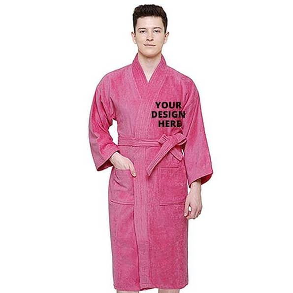Buy Printed Pink Long Fuzzy Robe Men Bathrobe | Half Sleeve Customized Cotton | Hooded Set For Hotel Spa