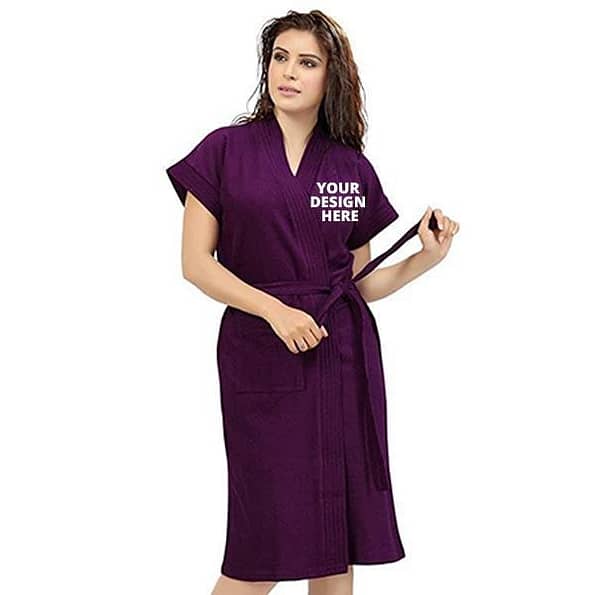 Buy Purple Women Fuzzy Robe Unisex Bathrobe | Half Sleeve Customized Cotton | Hooded Set For Hotel Spa