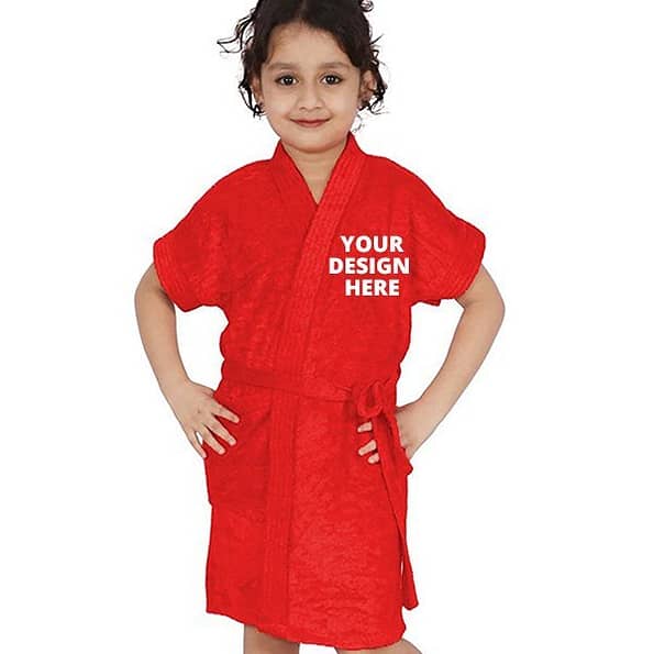 Buy Red Long Fuzzy Kids Robe Unisex Bath Gown | Half Sleeve Customized Cotton | Hooded Set For Hotel Spa