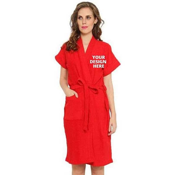 Buy Red Printed Logo Fuzzy Robe Unisex Bathrobe | Half Sleeve Customized Cotton | Hooded Set For Hotel Spa
