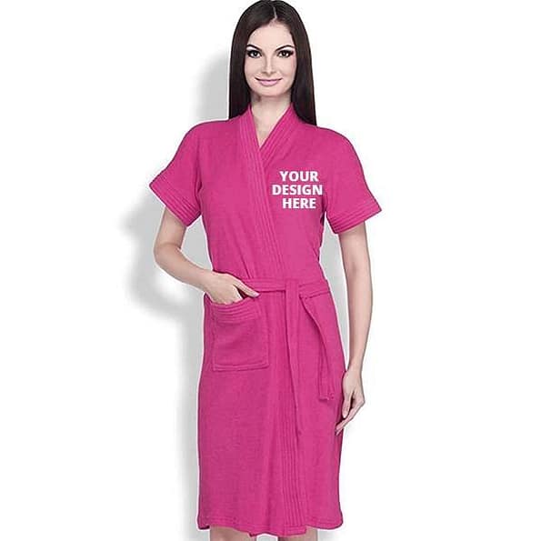 Buy Rose Pink Long Fuzzy Robe Unisex Bathrobe | Half Sleeve Customized Cotton | Hooded Set For Hotel Spa
