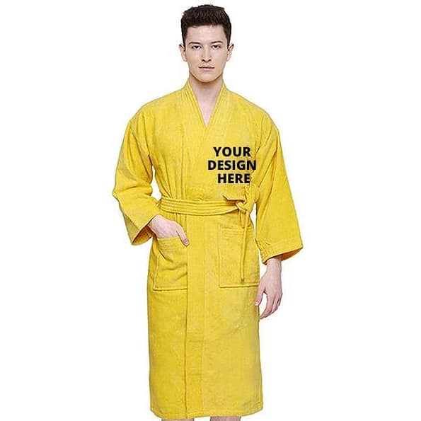 Buy Yellow Long Fuzzy Robe Unisex Bathrobe | Half Sleeve Customized Cotton | Hooded Set For Hotel Spa