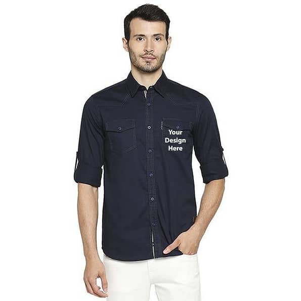 Buy Dark Blue Branded Pocket Shirts | Customized Men’s Slim Fit | Full Sleeve Cotton Shirt