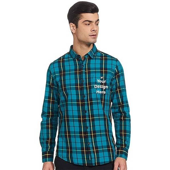Buy Custom Blue Mens Checkered | Full Sleeve Collar Neck | Regular Fit Slim Shirt