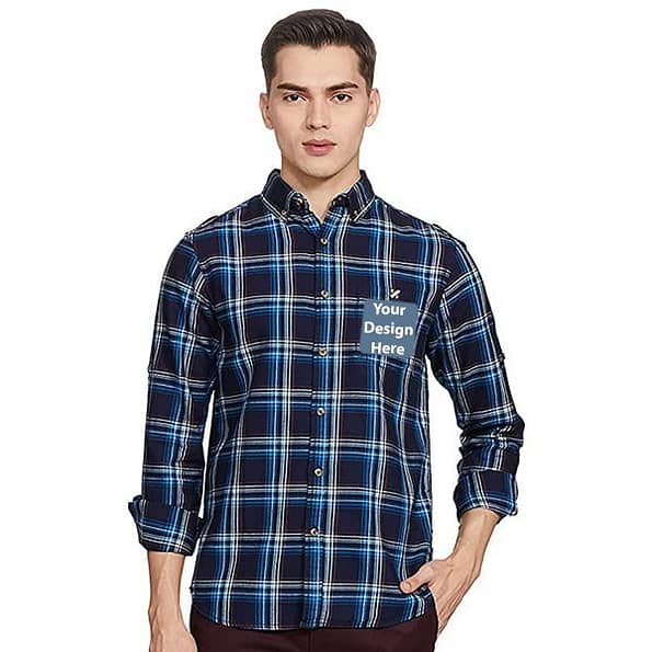 Buy Custom Blue Checkered Shirt For Men | Full Sleeve Collar Neck | Regular Fit Slim Shirt
