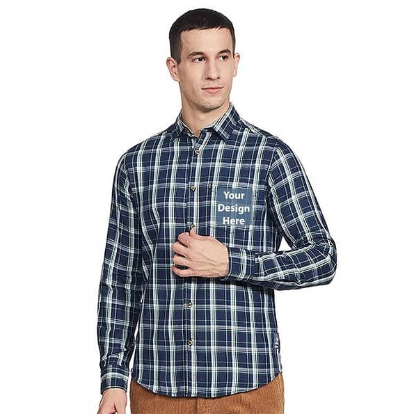 Buy Full Sleeve Blue Customized | Men’s Plain Weave Checkered | Cotton Slim Shirt