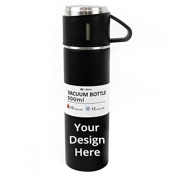 Buy Black Customized Steel Vacuum Flask Set with 3 Steel Cups Combo (500 ml)