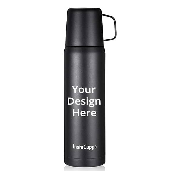 Buy Black Cap Custom Thermos Flask with Stainless Steel Mug and Twist Pour Stopper Screw Lid, Double Walled Vacuum Insulated Beverage Bottle (1 Litre)