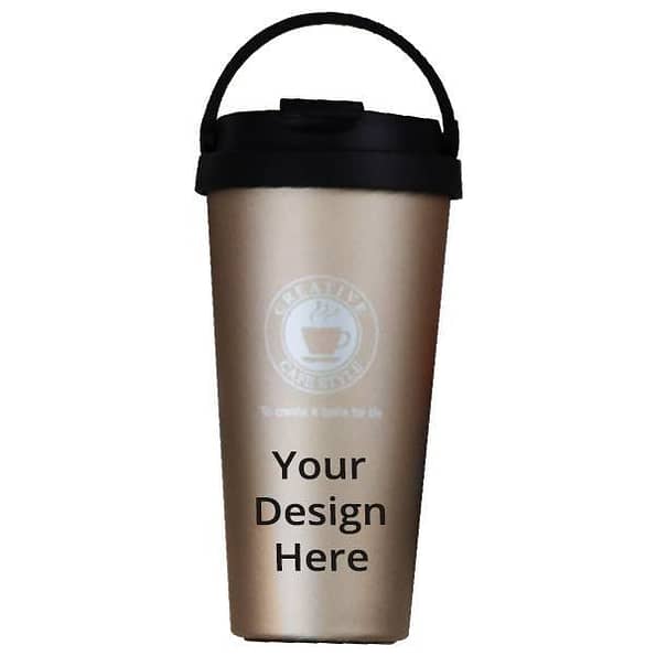 Gold Customized Stainless Steel Double Wall Vacuum Flask Thermos Mugs with Handle, Tumbler (500 ml)