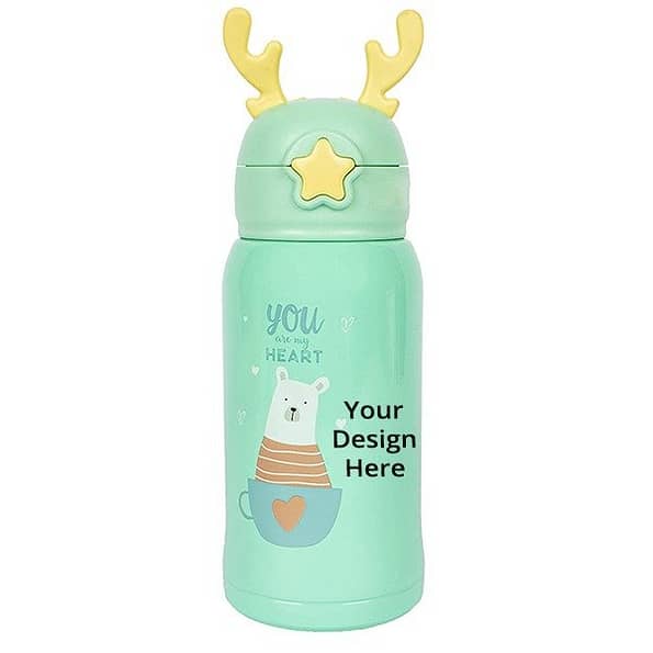 Buy Green Customized Thermos Steel Bottle for Kids with Sling Pouch (300 ml)