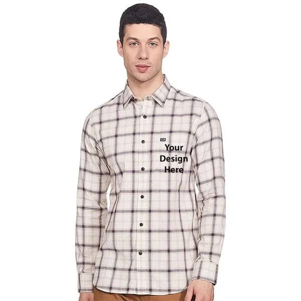 Beige Customized Mens Checked Shirt