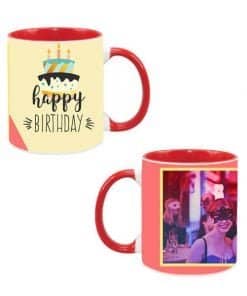 Buy Happy Birthday Cake Design Custom Red | Dual Tone Printed Both Side | Ceramic Coffee Mug For Gift