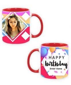 Buy Happy Birthday Hexagon Design Custom Red | Dual Tone Printed Both Side | Ceramic Coffee Mug For Gift