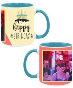 Buy Happy Birthday Cake Design Custom Sky Blue | Dual Tone Printed Both Side | Ceramic Coffee Mug For Gift